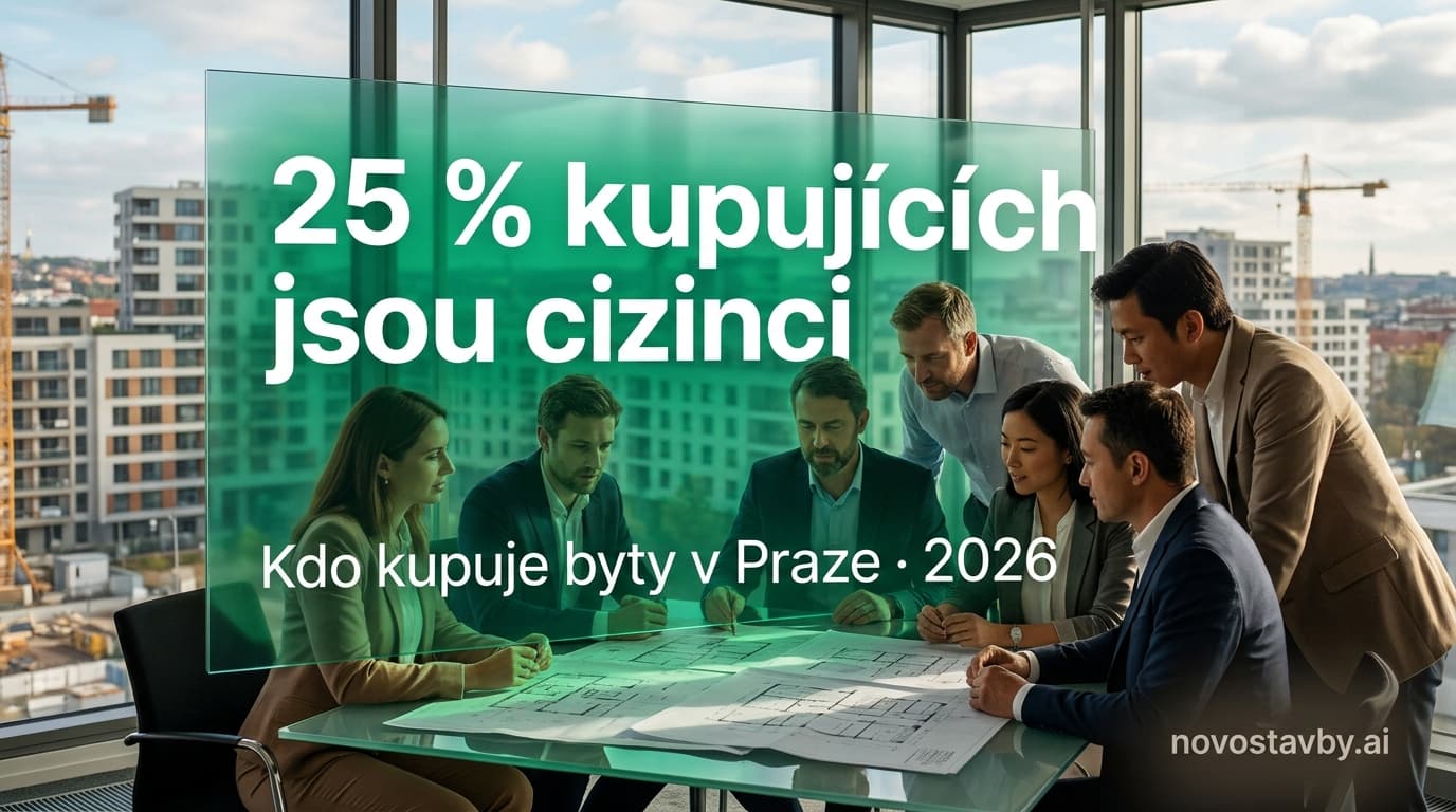 Letecký pohled na Prahu s holografickým zobrazením podílu zahraničních kupujících na trhu