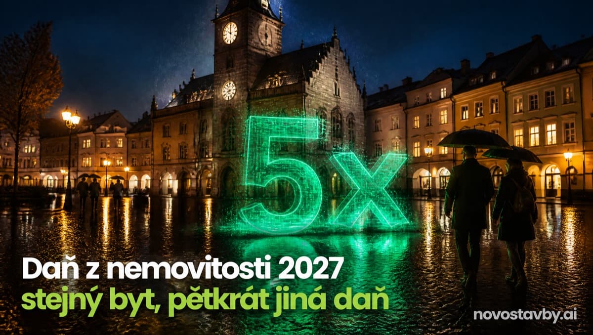 Deštivé náměstí s radnicí v noci, na mokré dlažbě stojí zářící zelené 3D znaky 5× a odrážejí se v kalužích