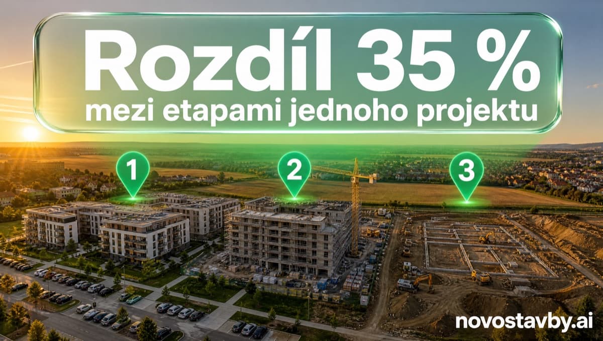 Letecký pohled na areál ve třech etapách: hotový dům, rozestavěná hrubá stavba s jeřábem a vytyčené základy