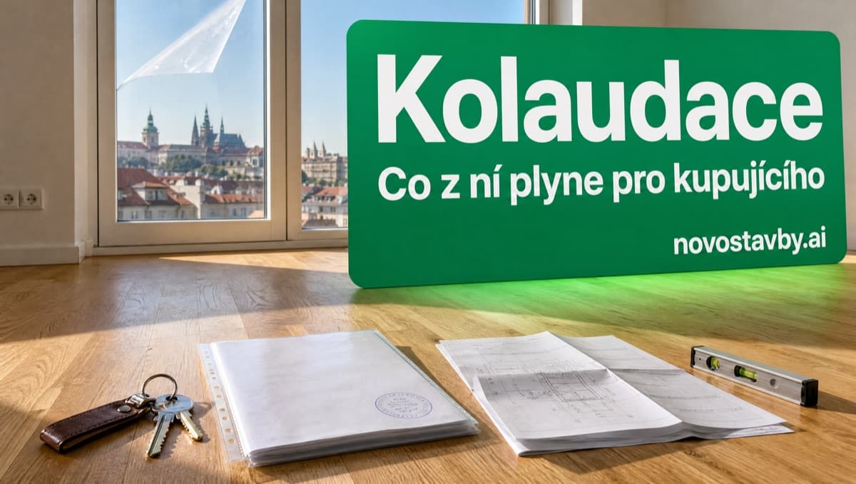 Klíče, orazítkovaný dokument, výkres a vodováha na parketách prázdného nového bytu s výhledem na Pražský hrad