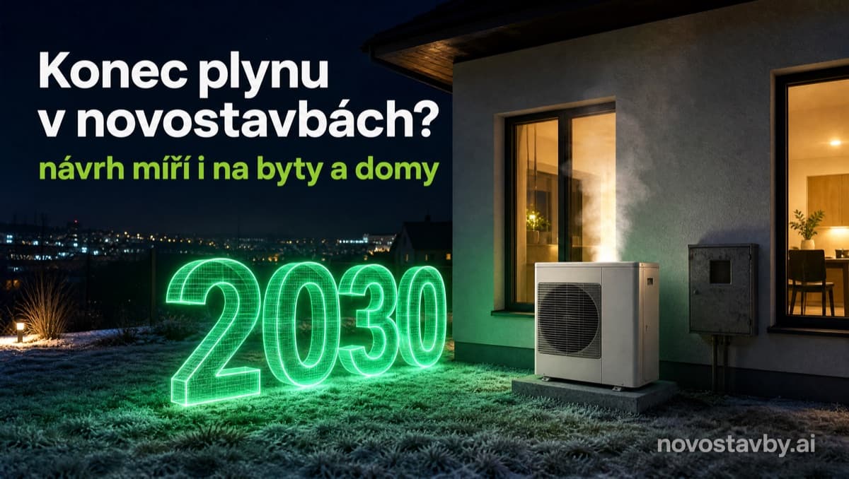 Nový rodinný dům v mrazivé noci, u fasády tepelné čerpadlo a stará skříň plynoměru, na trávníku zářící zelené 3D číslo 2030