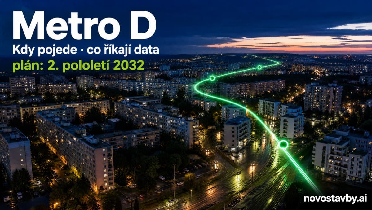Zářící zelená trasa vedoucí nad pražským sídlištěm za soumraku, nadpis Metro D, plán 2. pololetí 2032