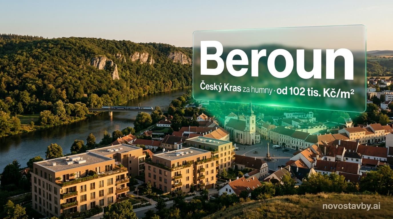 Panorama Berouna s vápencovými útesy Českého krasu a novostavbami v údolí Berounky