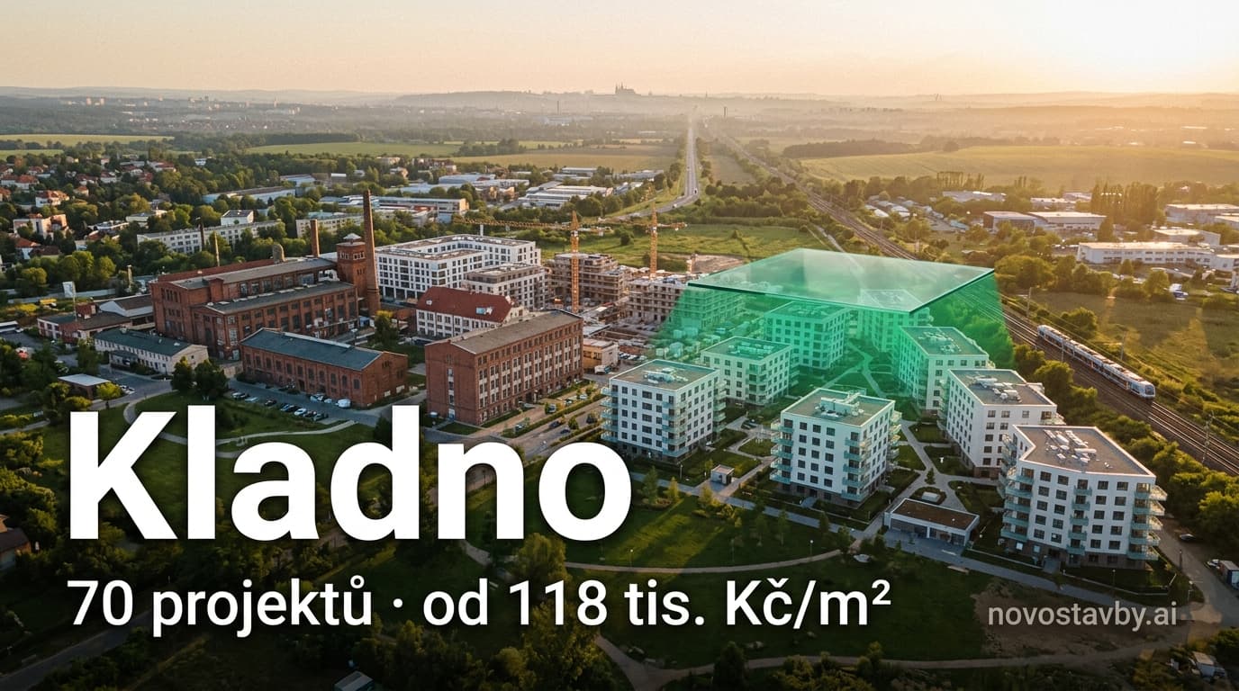 Panorama Kladna s novými bytovými domy a výhledem směrem k Praze
