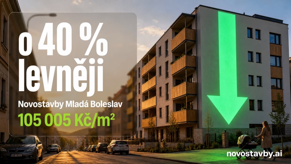 Ulice v Mladé Boleslavi za zlaté hodiny, na fasádě nové novostavby svítí velká zelená šipka dolů