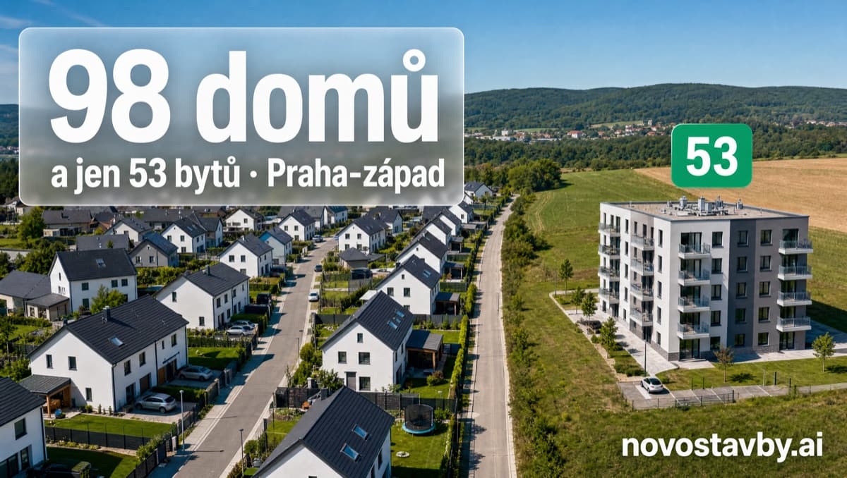 Letecký pohled na obec u Prahy: vlevo řady nových rodinných domů se zahradami, vpravo jediný bytový dům v polích
