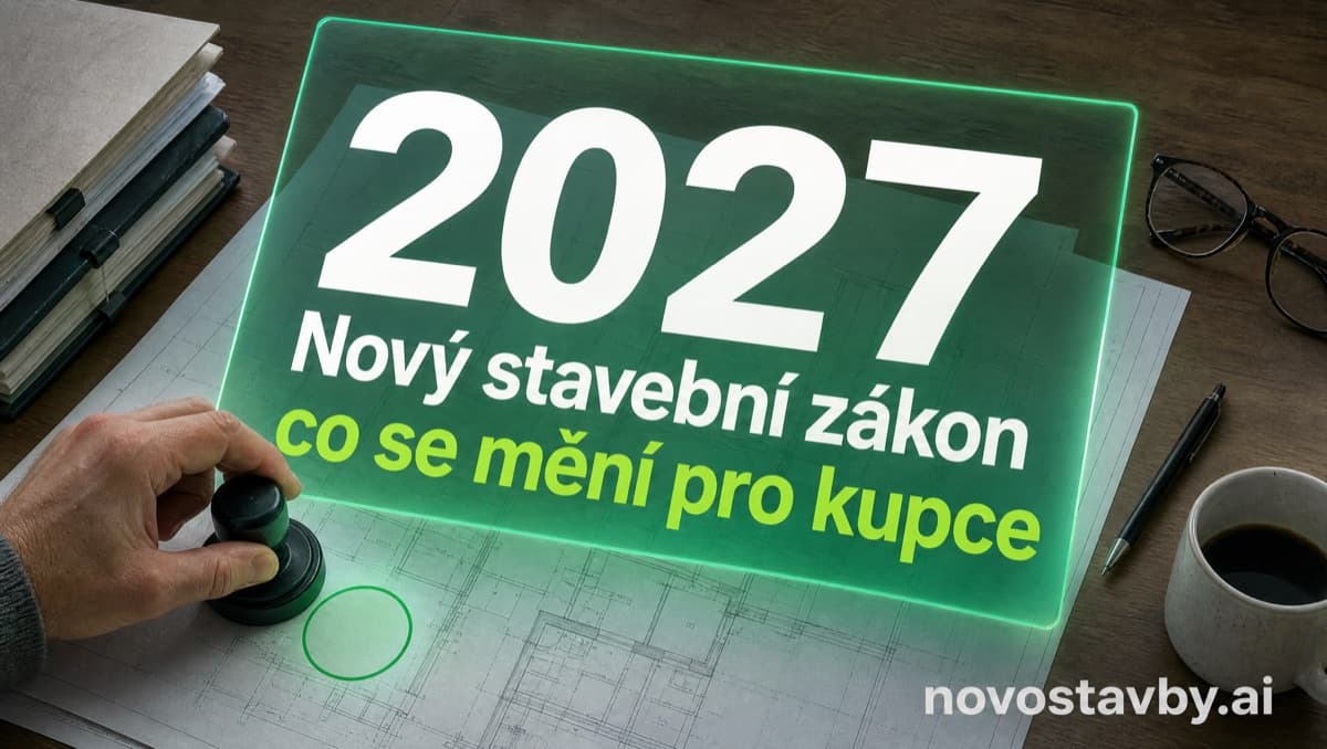 Ruka orazítkuje rozložené stavební plány na stole, nad nimi zelený skleněný panel s nápisem 2027 Nový stavební zákon