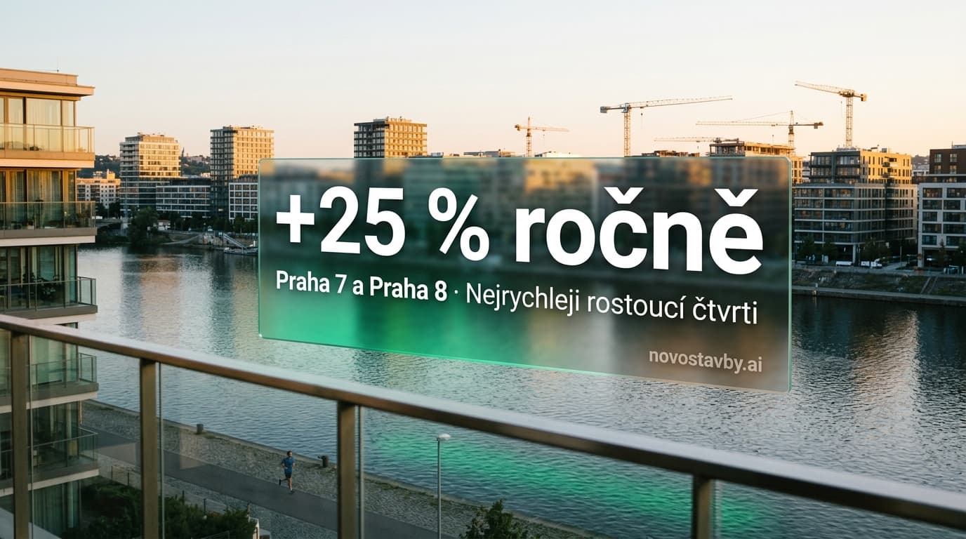 Letecký pohled na Holešovice a Karlín s holografickým zobrazením cenového růstu 25 %