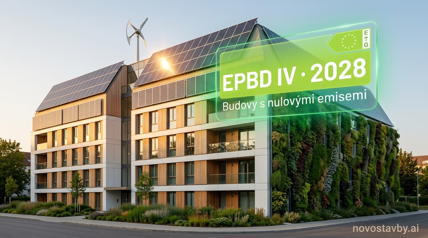 Vizualizace moderní bytové novostavby se solárními panely na střeše a tepelným čerpadlem u základů budovy
