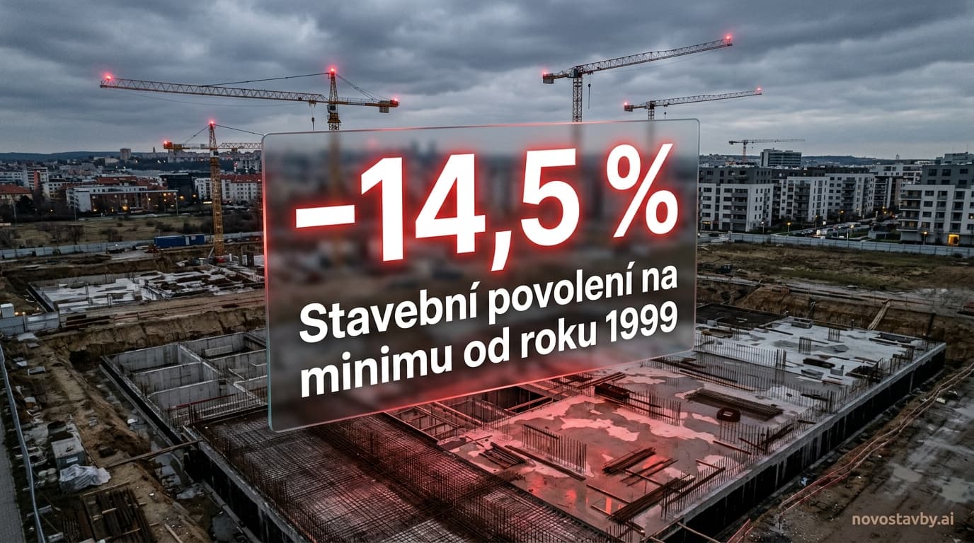 Stavební jeřáby nad Prahou s holografickým zobrazením poklesu stavebních povolení