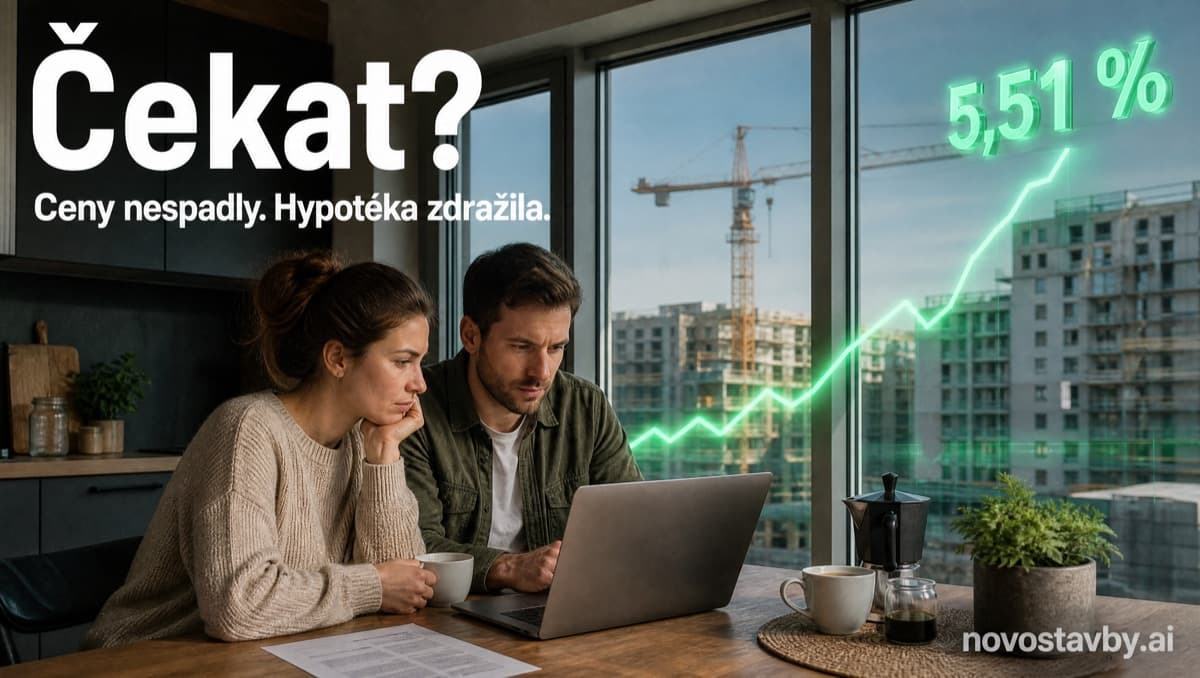 Mladý pár u kuchyňského stolu s notebookem, přes okno s rozestavěnými domy stoupá zářící zelená křivka s hodnotou 5,51 %
