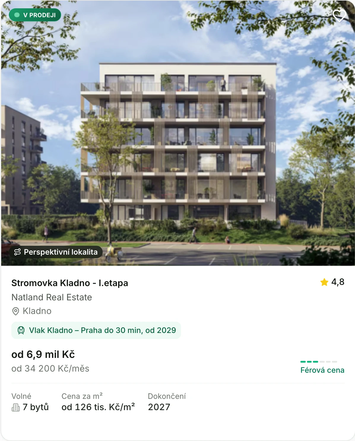Karta projektu Stromovka Kladno ve výpisu novostaveb v Kladně: štítek Perspektivní lokalita ve spodní části fotografie a řádek Vlak Kladno – Praha do 30 min, od 2029.