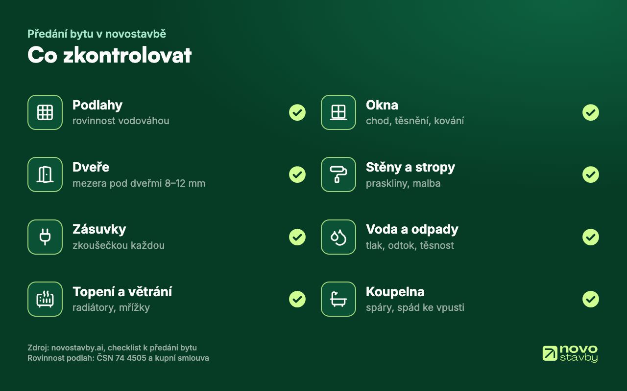 Co při předání zkontrolovat: rovinnost podlah vodováhou, okna, dveře, stěny a stropy, zásuvky, vodu a odpady, topení a větrání a koupelnu.