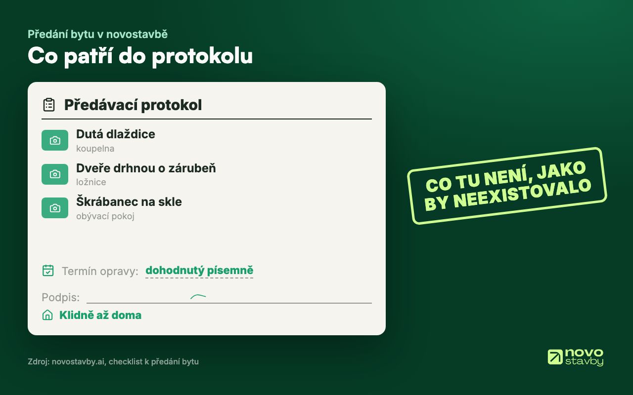 Předávací protokol: ke každé vadě fotka a zápis, co v protokolu není, jako by neexistovalo; termín opravy se dohodne písemně a podepsat můžete klidně až doma.