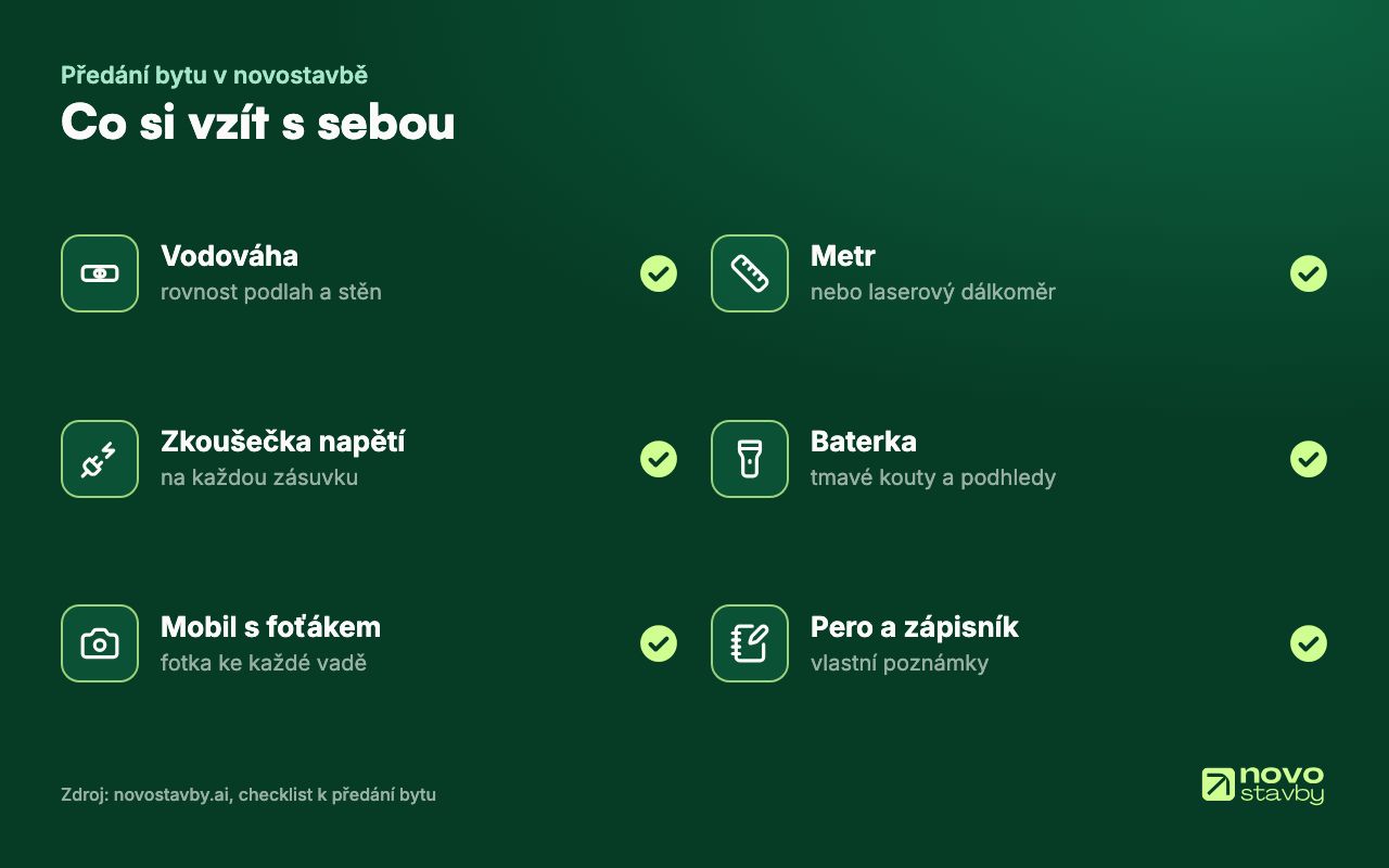 Co si vzít na předání bytu: vodováhu, metr nebo laserový dálkoměr, zkoušečku napětí, baterku, mobil s foťákem a pero se zápisníkem.